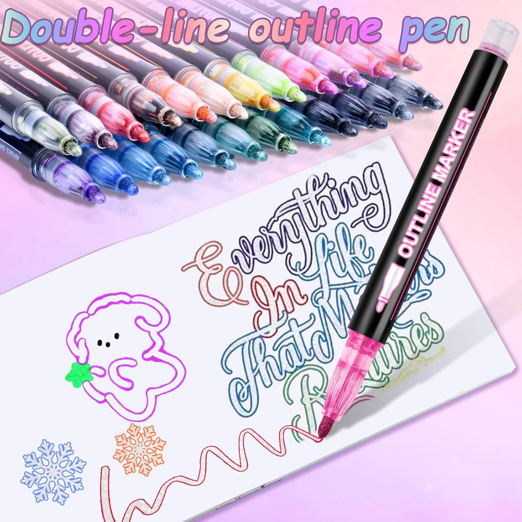 12 Colors Outline Shimmer Markers, Double Line Glitter Markers Pens fo ...