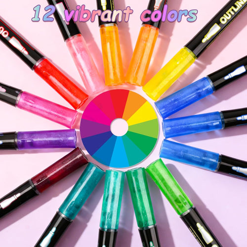 12 Colors Outline Shimmer Markers, Double Line Glitter Markers Pens for Christmas Greeting Cards, Outline Glitter Pens Art Supplies for Coloring, Metallic Marker Pen for Scrapbook Art Crafts