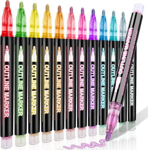 12 Colors Outline Shimmer Markers, Double Line Glitter Markers Pens for Christmas Greeting Cards, Outline Glitter Pens Art Supplies for Coloring, Metallic Marker Pen for Scrapbook Art Crafts