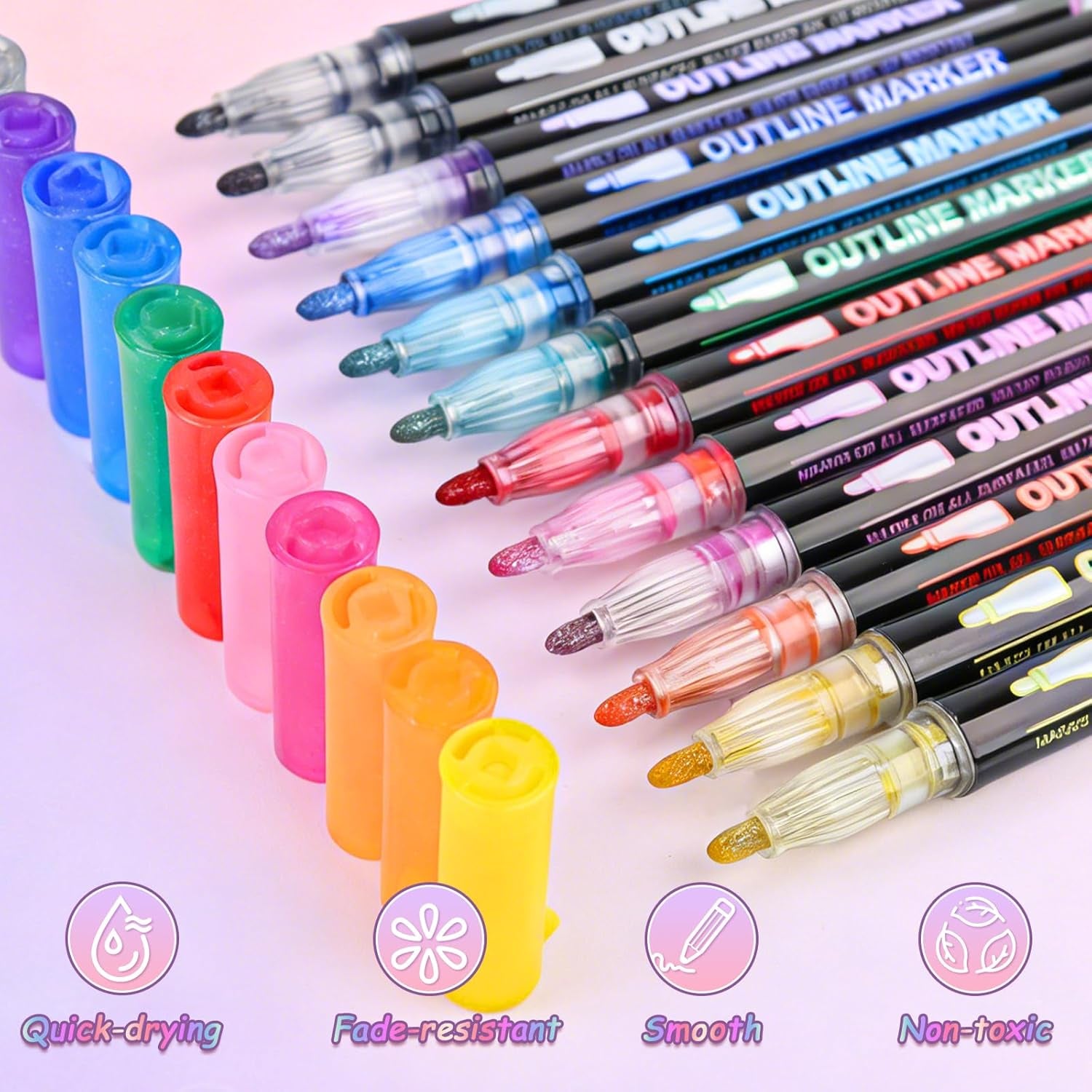 12 Colors Outline Shimmer Markers, Double Line Glitter Markers Pens for Christmas Greeting Cards, Outline Glitter Pens Art Supplies for Coloring, Metallic Marker Pen for Scrapbook Art Crafts